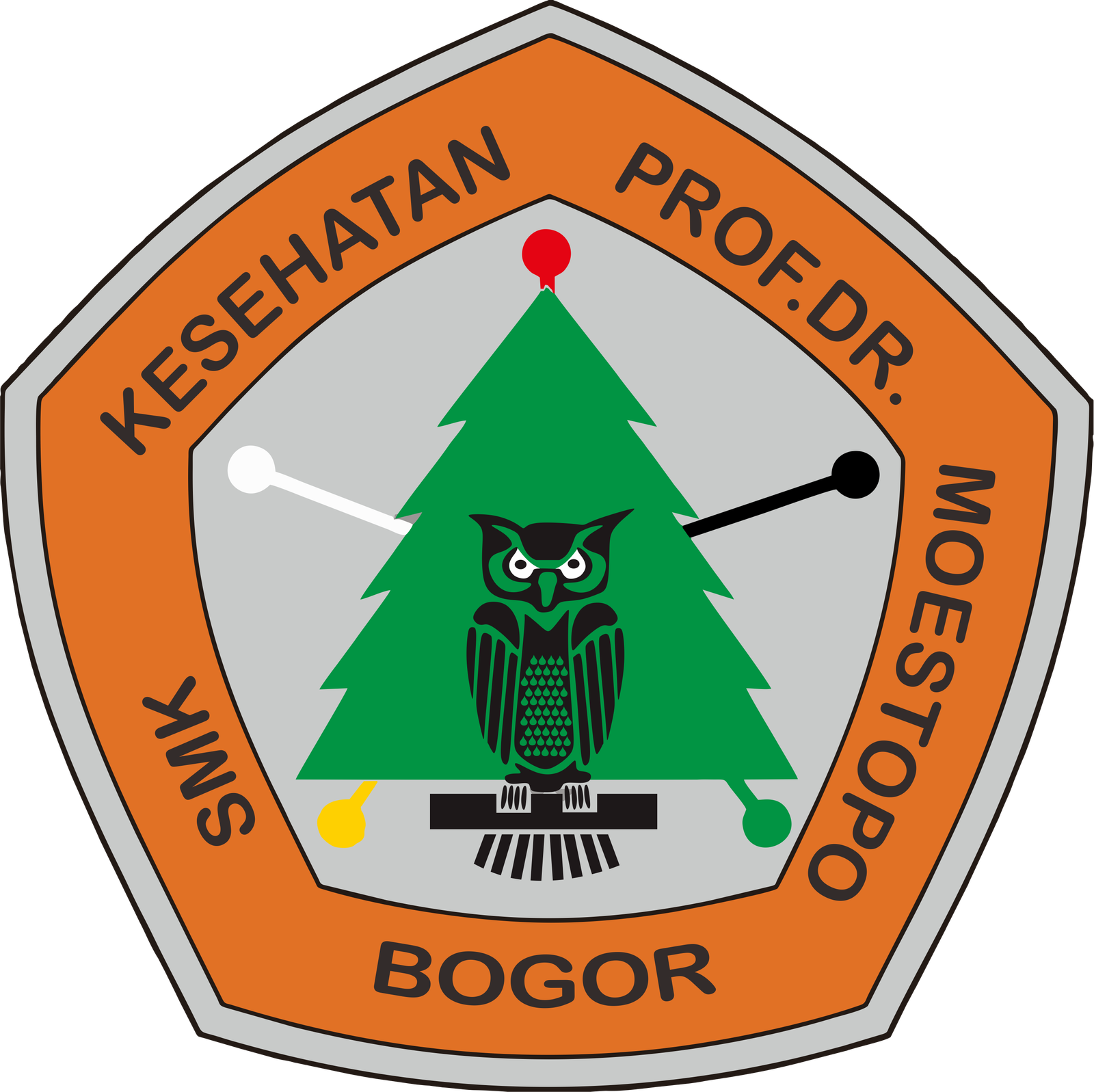 Logo of SMK Kesehatan Dr Moestopo, a round emblem with green and brown colors